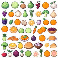 Flat colorful fruits and vegetables icons with clean outline details