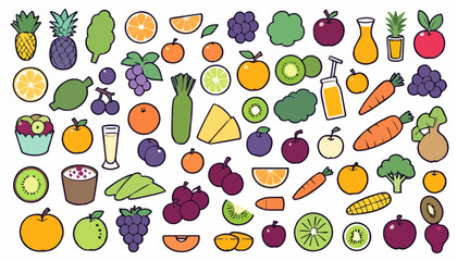 Bright and colorful fruit and vegetable icons arranged in neat rows
