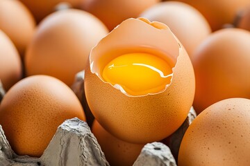 Closeup of Broken Egg with Yolk in Carton Brown Eggs