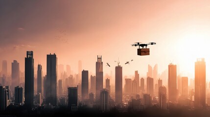 Stunning Double Exposure City Skyline at Sunset Captured by Drone