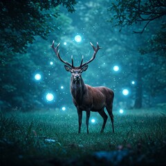 A magical deer standing in a moonlit glade surrounded by floating lights and enchanted silence.
