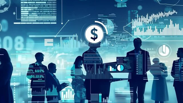 A group business professionals are seen silhouette, immersed digital interface filled financial data, charts, , graphs, representing strategic planning, market analysis, , economic growth.