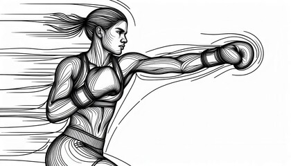 Fototapeta premium Powerful punch by a dynamic female boxer in urban gym setting - black and white illustration