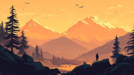 Man contemplates scenic sunset mountain vista.