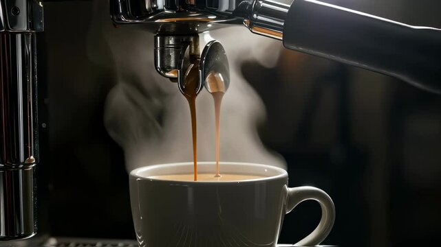 Espresso machine pouring double shot of hot aromatic espresso from portafilter into white steaming cup, showcasing the coffee brewing process, barista skills and essential cafe culture rituals