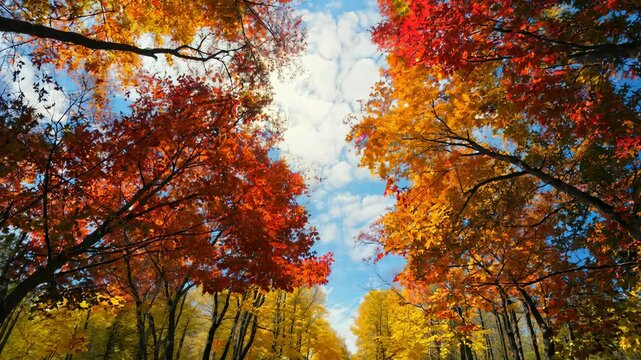 Vibrant autumn journey through colorful forest canopy and leafcovered pathway in crisp seasonal atmosphere