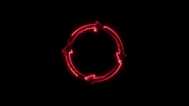 Neon circle arrows bright red color animation. simple round circle recycle bin icon animation. Black background 4k video.