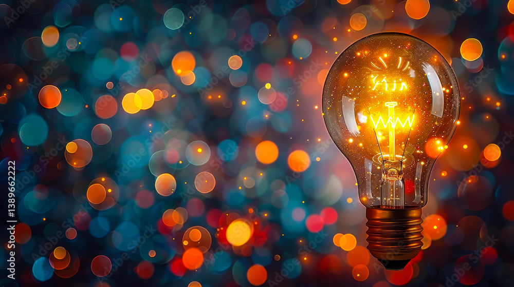 Aufkleber glowing light bulb against colorful bokeh background symbolizing creative idea and innovation concep