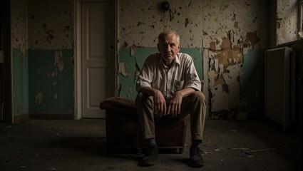 A poignant portrait of a solitary elderly man in a dilapidated room illuminated by a flickering lightbulb evoking themes of solitude and melancholy