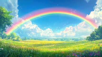 Double rainbow spring field. Generative AI