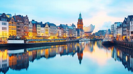 Fototapeta premium Colorful Cityscape Reflection at Dusk with Historic Buildings