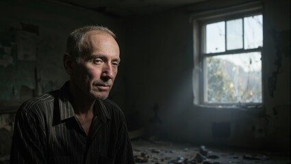 Fototapeta premium Emotive portrait showcasing an elderly man in a weathered room bathed in light from a broken window symbolizing isolation and resilience