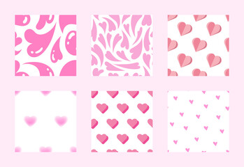 Pink hearts backgrounds set. Happy Valentines Day pattern set. Various patterns - fluid, twisted, blured, hand drawn heart shapes, paper hearts. Greeting card templates collection. Pretty banners