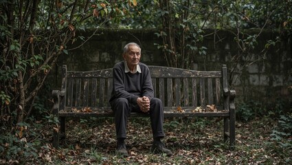 A poignant image of a senior man on a weathered bench in a neglected garden surrounded by overgrown vines and fallen leaves capturing solitude and reflection