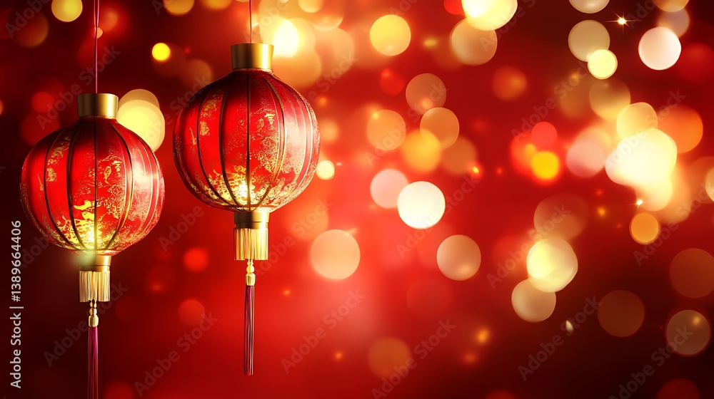 Aufkleber two red hanging lanterns against a blurred background with bokeh