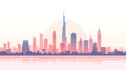 Dubai skyline at sunset, minimalist illustration.