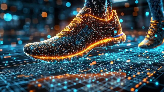 Futuristic running shoe stepping on digital grid