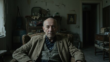 Obraz premium A poignant image of an elderly man in a dilapidated room filled with nostalgia and solitude