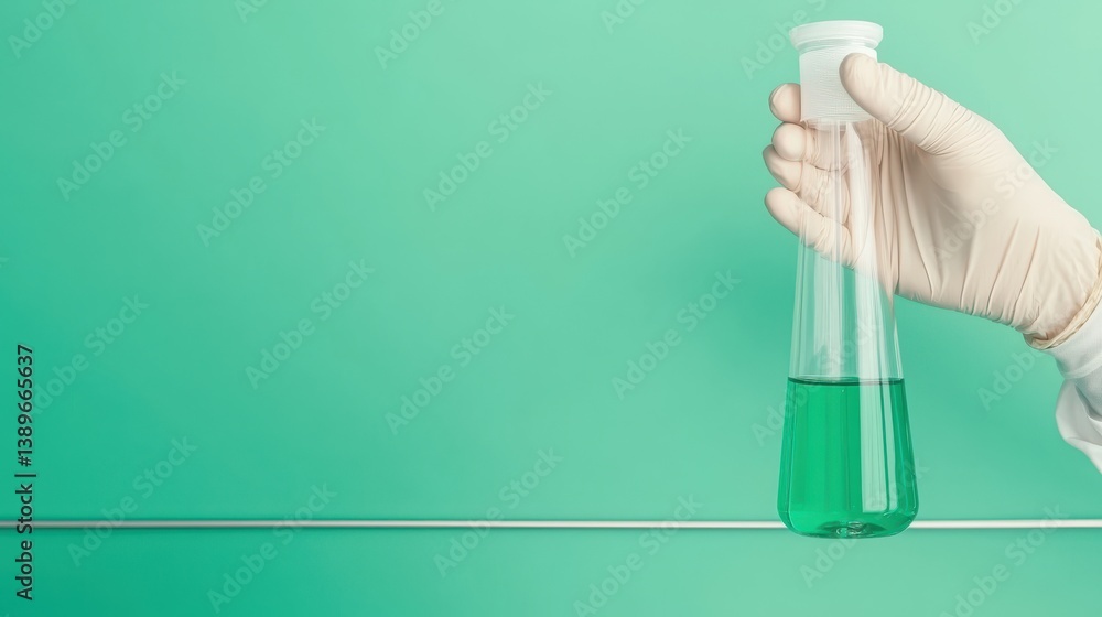 Poster lab experiment with green solution in flask laboratory setting scientific research macro view precis
