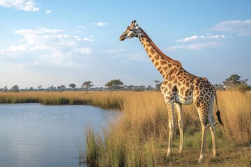 Obraz premium Majestic giraffe by a tranquil waterhole