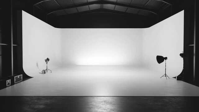 Professional lighting equipment illuminates a white cyclorama in an empty photo studio