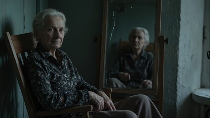 Fototapeta premium Serene elderly woman in vintage chair by cracked mirror reflects solitude and grace Symbolizes years of wisdom and quiet resilience
