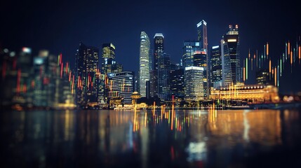 Fototapeta premium Nighttime Cityscape of Singapore with Trading Graph Overlay