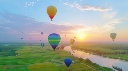 Fototapeta premium Stunning hot air balloon festival over scenic landscape at sunset aerial photography nature's beauty vibrant colors