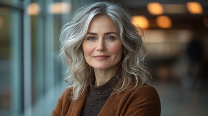 Portrait of a beautiful mature woman with gray hair smiling naturally and looking at the camera indoors