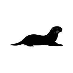 A black and white vector silhouette of an otter lying on its back holding a shell with its paws on a white background