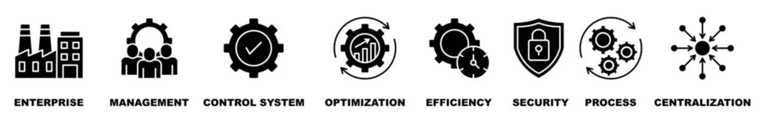 Obraz premium Industrial control system banner web icon vector illustration concept with icon of enterprise, management, control system, optimization, efficiency, security, process, centralization