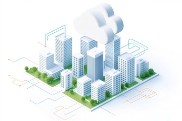 Obraz premium Isometric view of a smart city using cloud computing to share data between interconnected office buildings and optimize resources