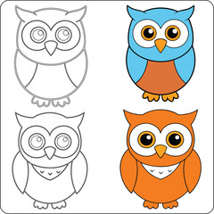 Cartoon set of owls with different emotions on a tree branch, featuring cute characters in a family design with hearts, love, and a fun, nature-inspired pattern