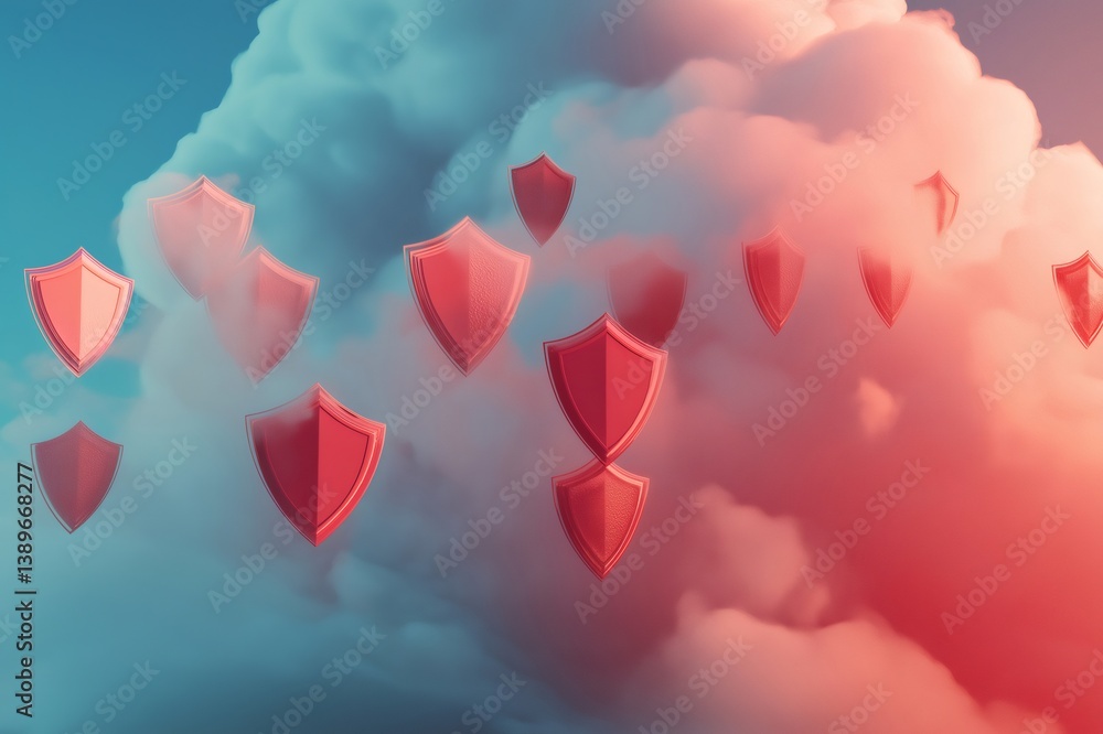 Poster many red shields rising on a colorful cloud in the sky represent online security and data protection