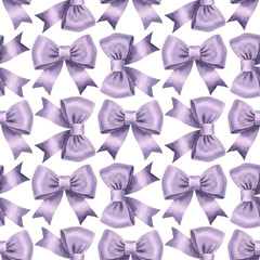 Seamless pattern Watercolor violet gift bow, silk ribbon drawing. Painted bowknot elements white background. Hand drawn illustration bowtie. For print, fabric, wrapping, wallpaper, greeting cards