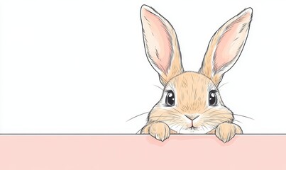 Fototapeta premium Cute cartoon rabbit peeking over a white surface with big expressive eyes and long ears