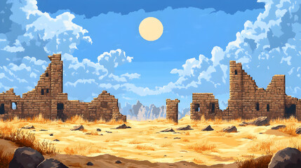 Vast Pixel Art Desert Landscape Featuring Ancient Stone Ruins Under a Blue Sky With Clouds and Full Sun Warm Tones