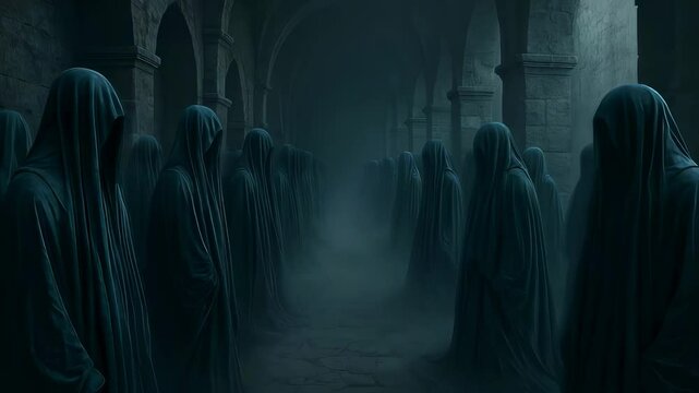 Group of mysterious hooded figures standing in a dark, foggy gothic corridor, creating an atmosphere of mystery, fear, conformity, representing a cult, secret society or the unknown future