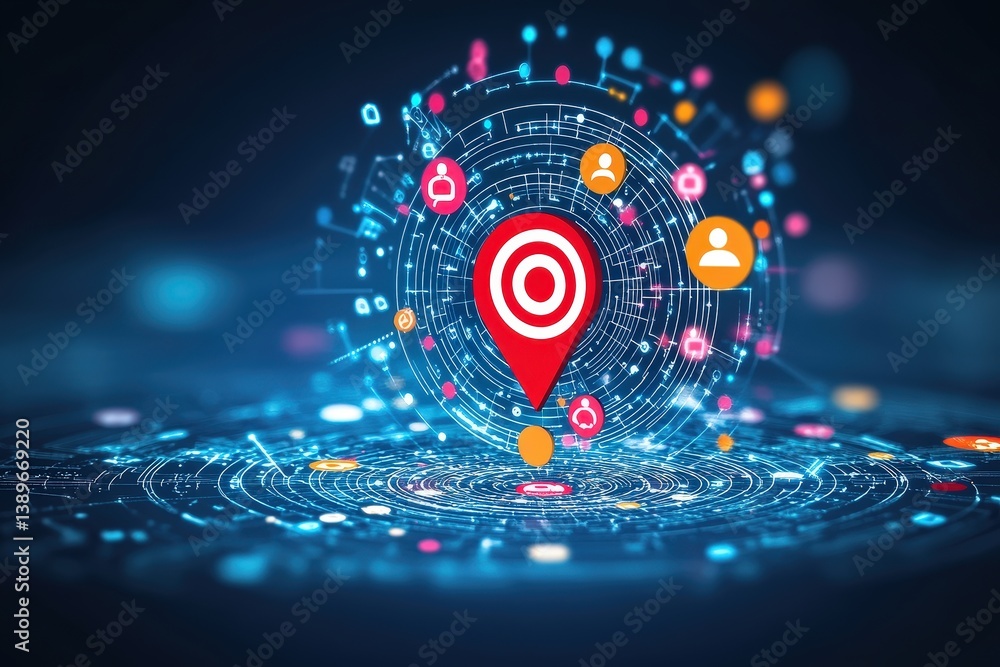 Poster colorful digital location map with social network icons and circular design