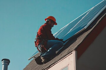 A technician installing solar panels on a residential rooftop