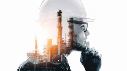 Double Exposure of Engineer with Construction Site and Future Vision