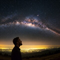 Fototapeta premium A starlit hilltop where a lone figure gazes at swirling galaxies with wonder in their eyes.