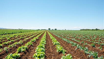 Lush vegetable garden with fresh produce growing in neat rows on fertile soil under a clear blue sky