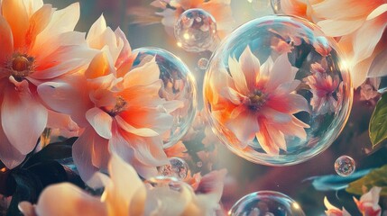 Ethereal Pastel Flowers with Delicate Bubbles Floating in Sunlit Garden Atmosphere