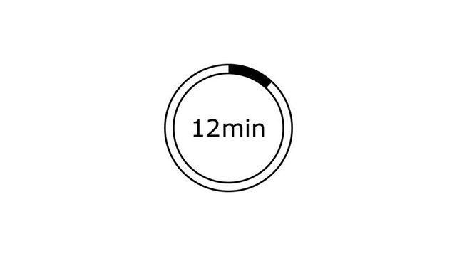 12 minutes, digital countdown timer black color animation. White background 4k video.