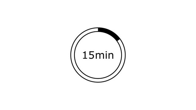 15 minutes, digital countdown timer black color animation. White background 4k video.