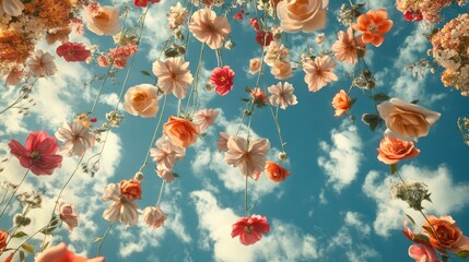 Colorful Floral Display Against a Blue Sky with Fluffy Clouds in a Vibrant Nature Scene