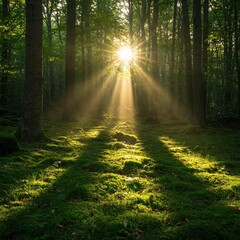 Obraz premium Morning light streaming through a thick forest canopy, painting golden patterns on the mossy forest floor below.
