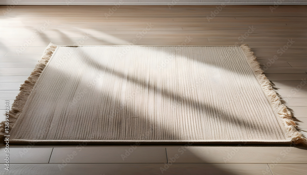 Poster a textured rug with fringed edges lies on a light wooden floor, illuminated by natural sunlight crea