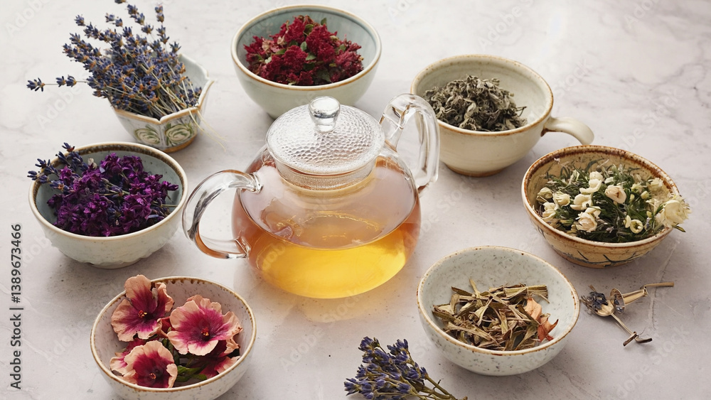 Aufkleber a colorful arrangement of various flower bowls with a teapot in the center